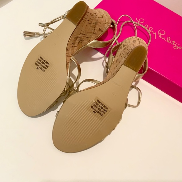 Lilly Pulitzer Casey Gold Metallic Leather Ankle Strap Heels Cork Wedge Sandal 7 - Picture 12 of 14